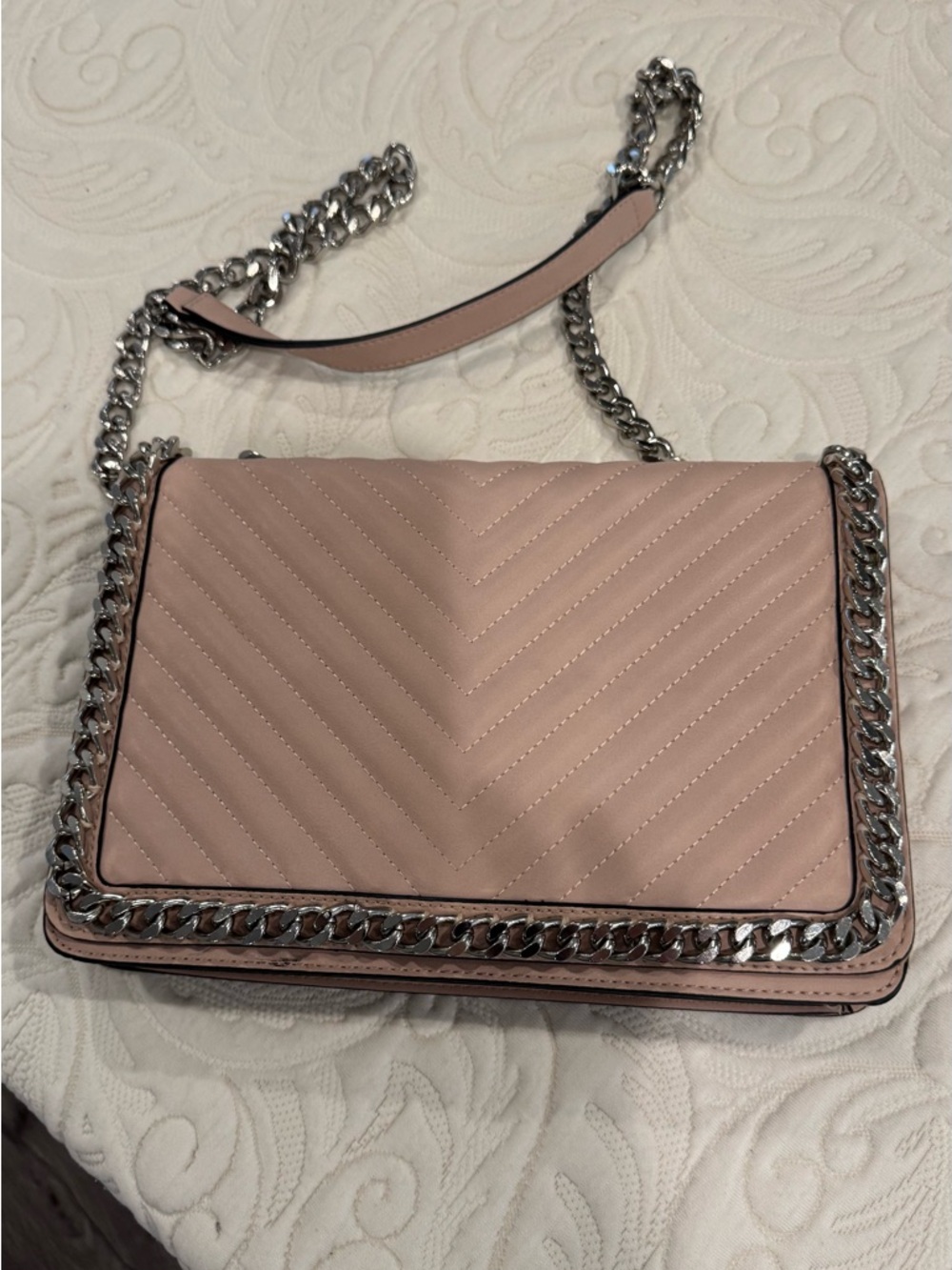 Aldo Quilted Shoulder Bag in Blush Pink with Silver Chain